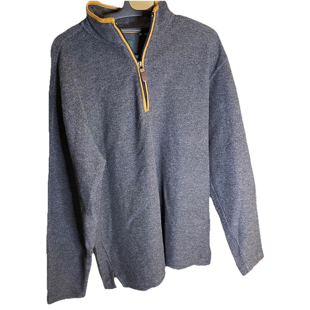 Orvis Tweed Mens Medium Gray 1/4 Zip Pullover Sweater‎ Leather Elbow Neck Trim